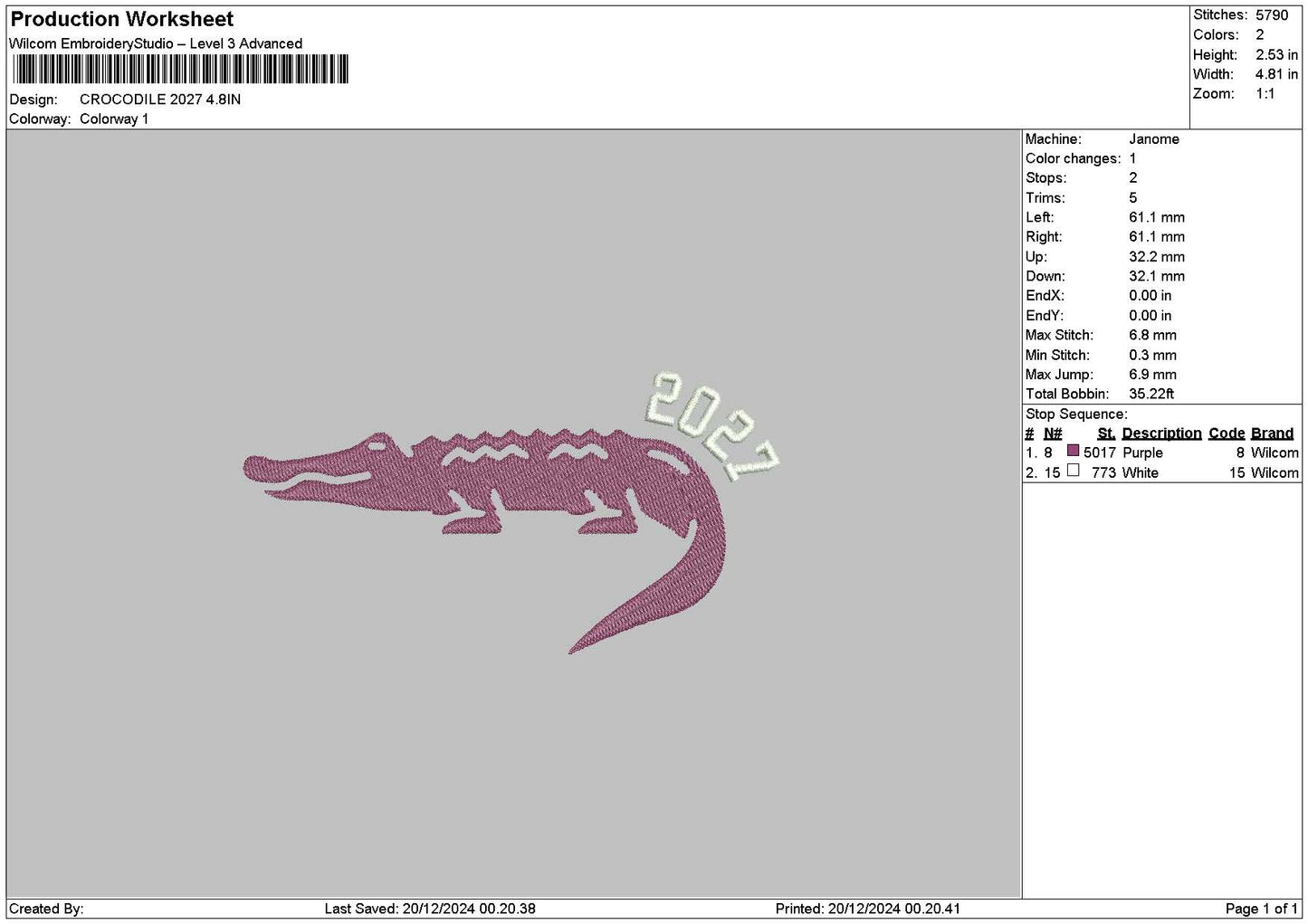Crocodile 01 Embroidery File 6 sizes
