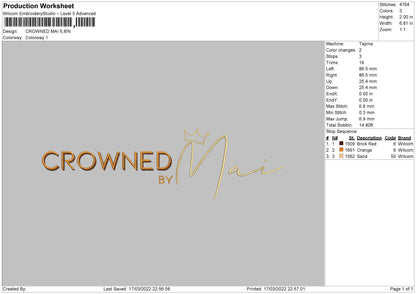 Crowned Mai Embroidery File 4 size