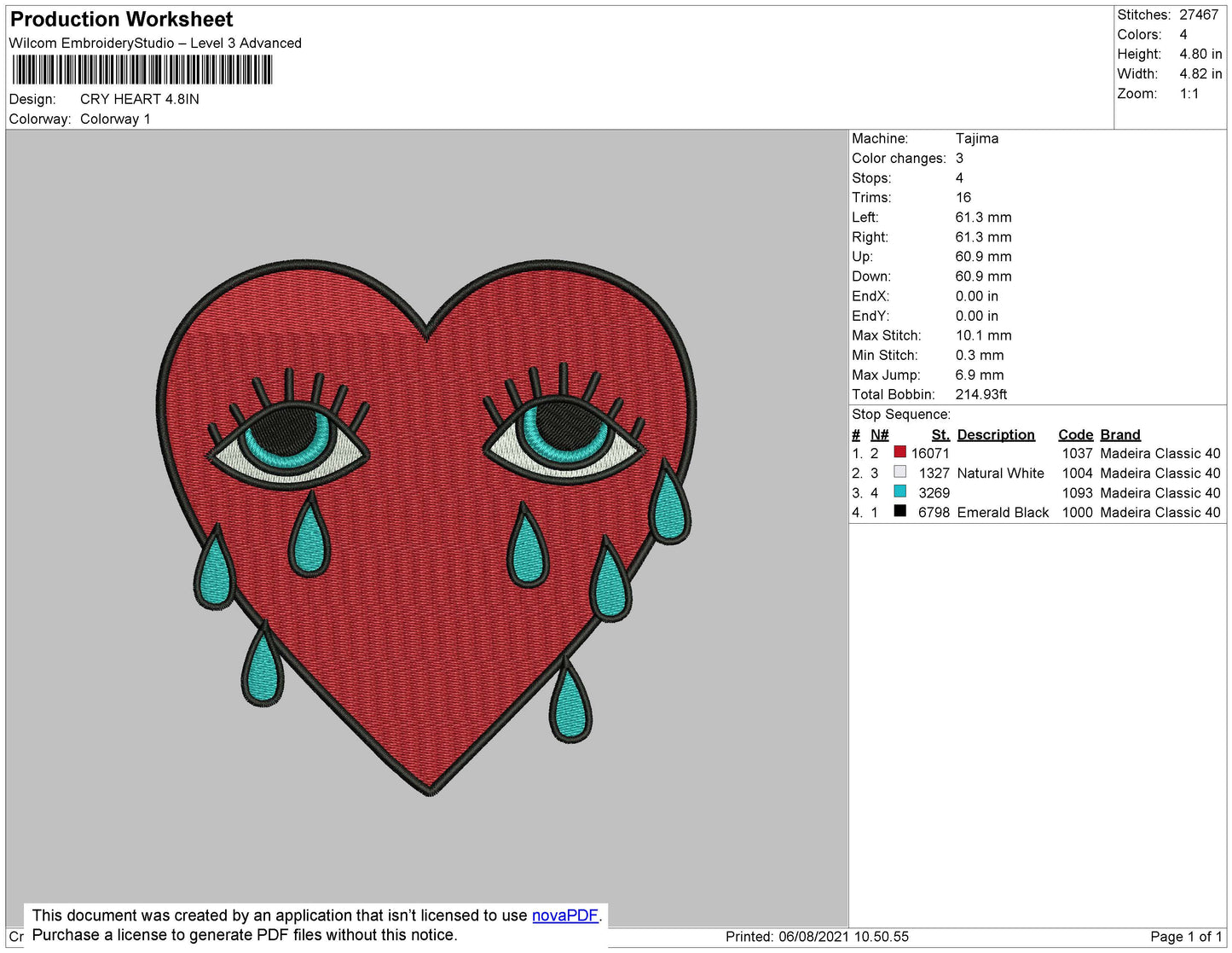 Cry Heart Embroidery File 4 size