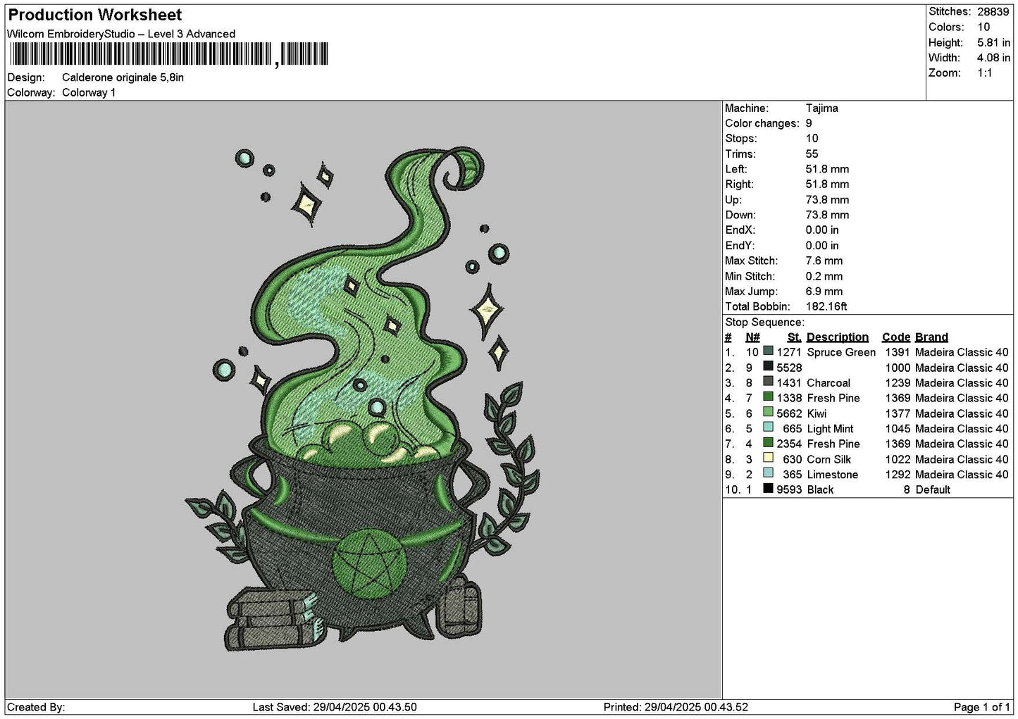 Calderone Embroidery File 6 sizes