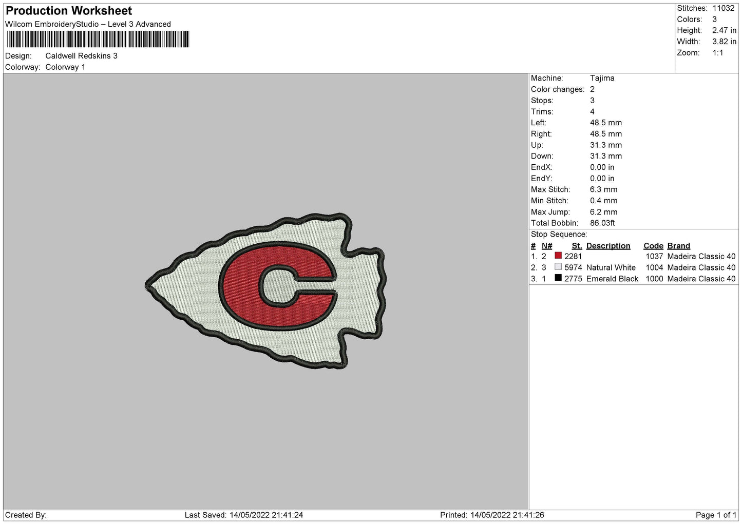 Caldwell Redskins Embroidery Machine Design File 6 size