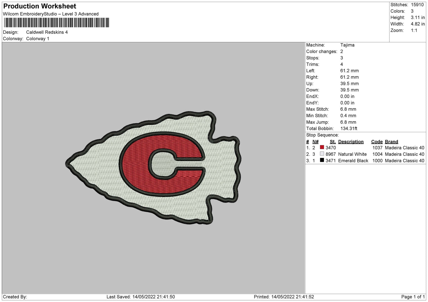 Caldwell Redskins Embroidery Machine Design File 6 size