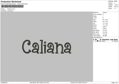Caliana text Embroidery Machine Design File 6 sizes