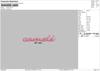 Camelitext Embroidery Machine Design File 6 sizes