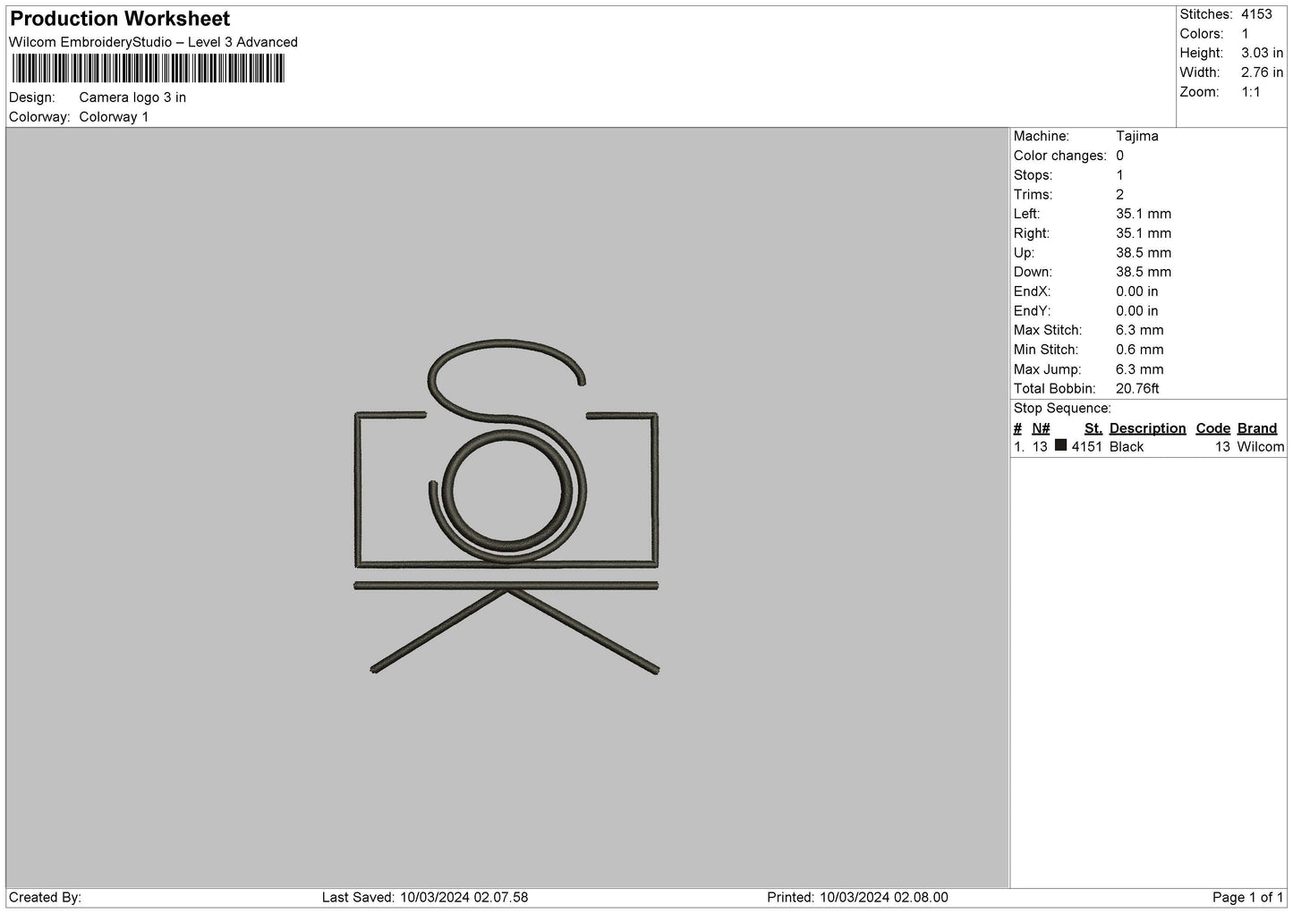 Camera Line Embroidery Design File 6 sizes