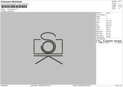Camera Line Embroidery Design File 6 sizes