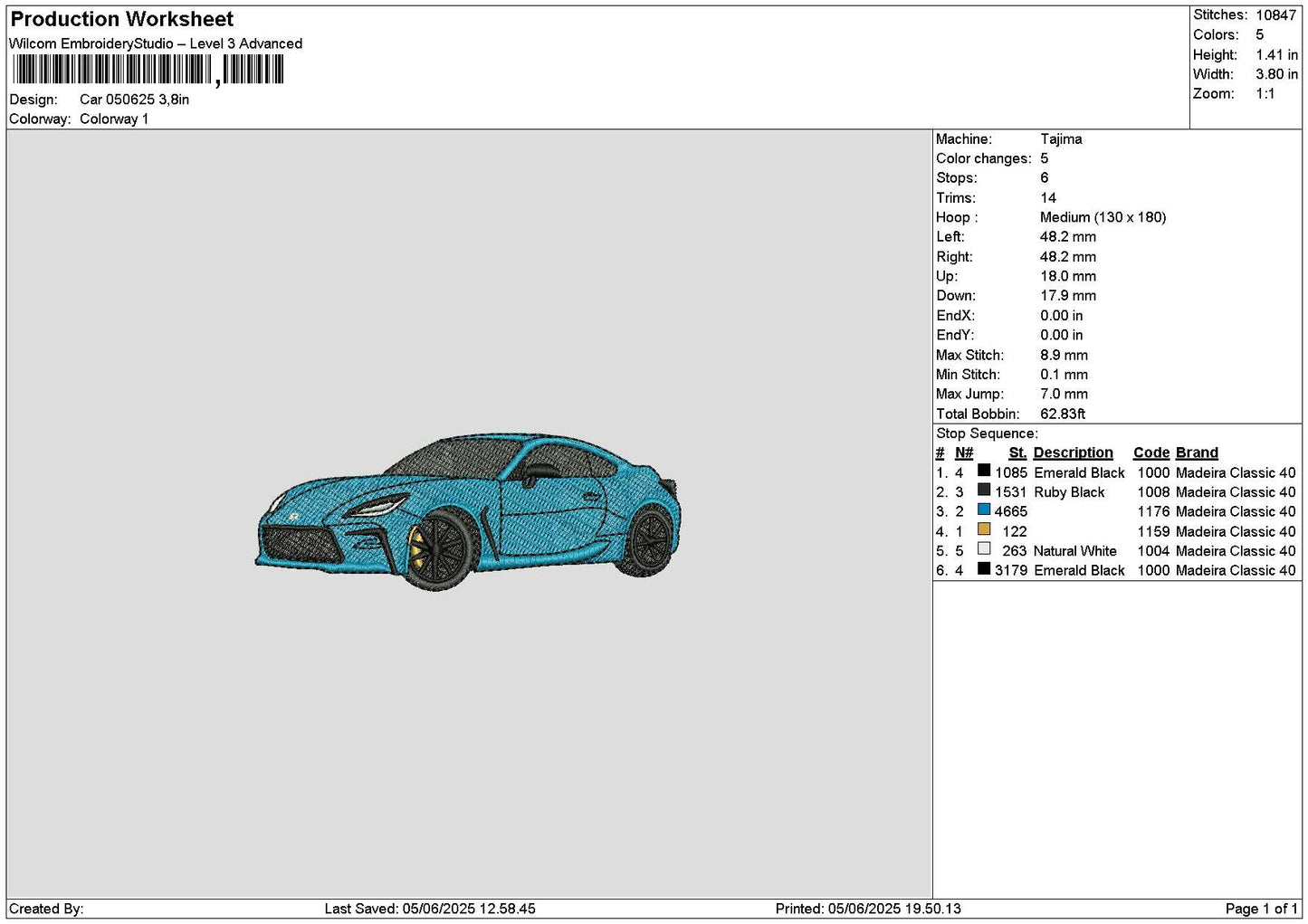 Blue Car 0506 Embroidery File 6 sizes