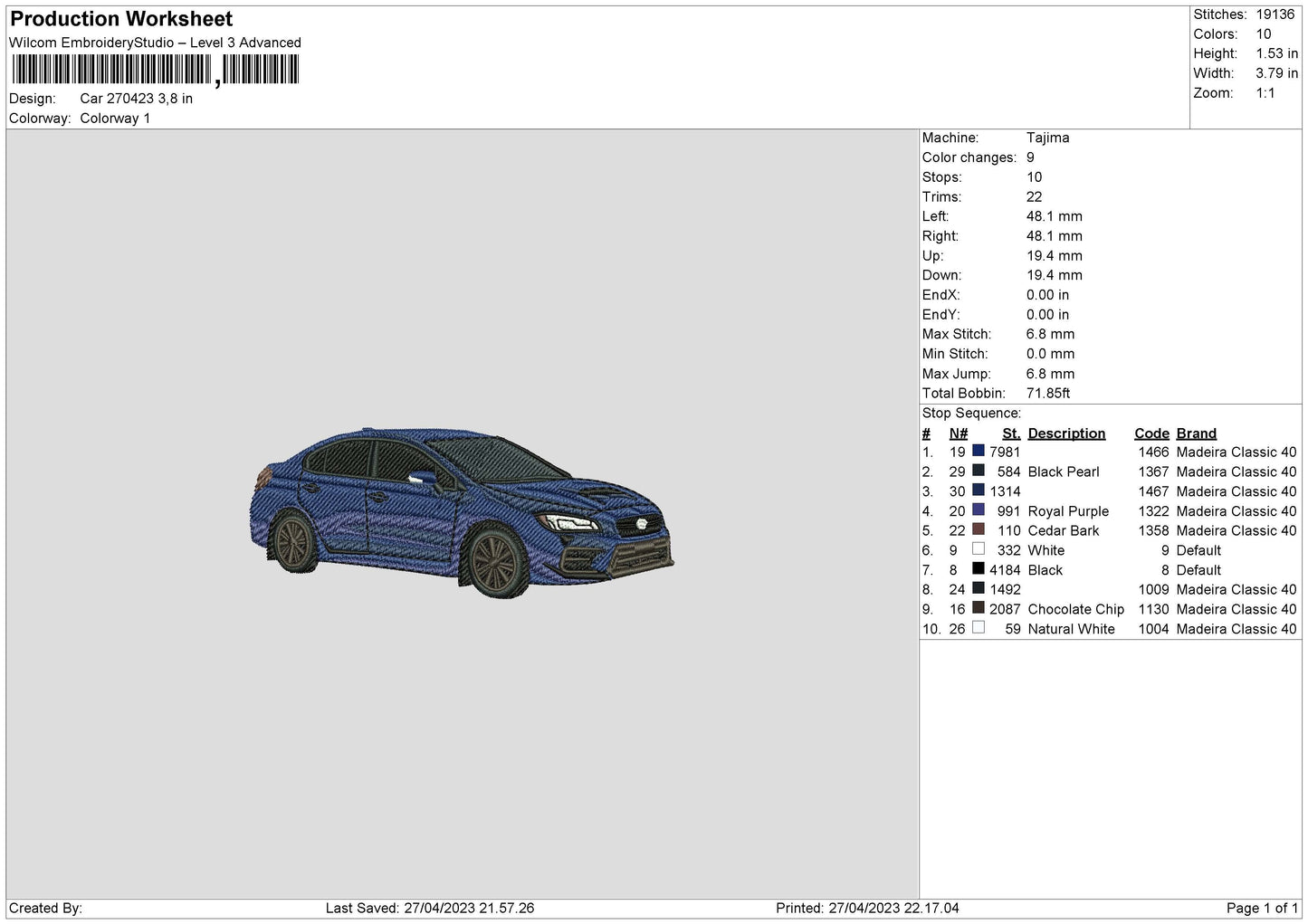 Car 2704 Embroidery File 6 sizes