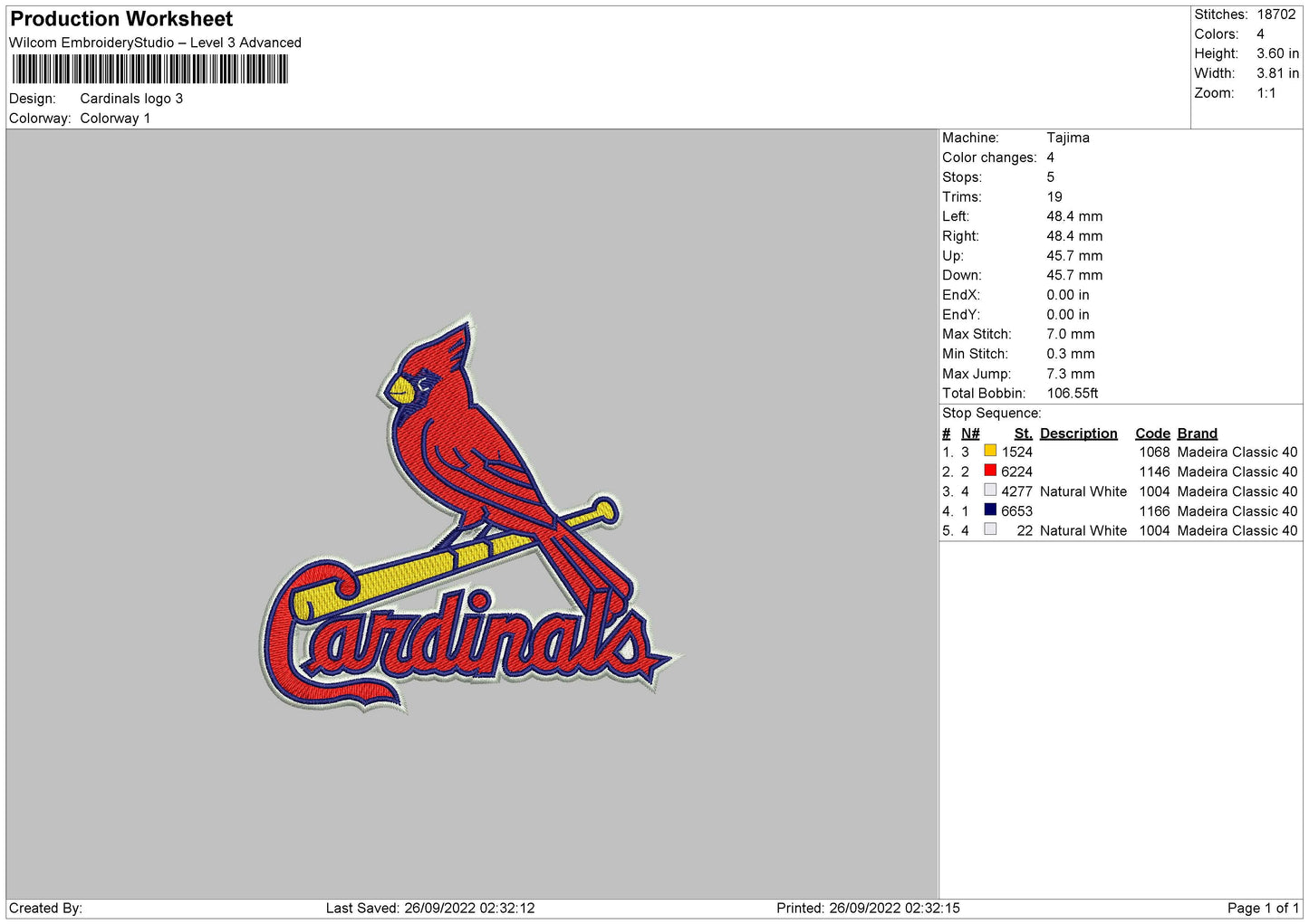 Cardinals Logo Embroidery File 5 sizes