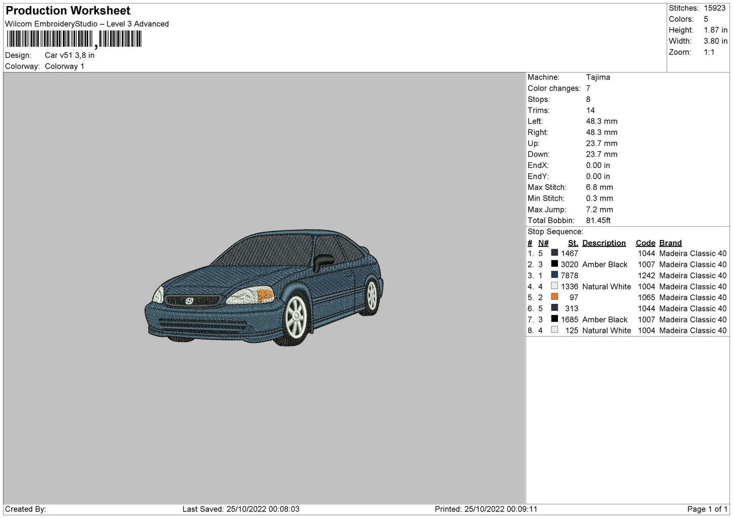 Car V51 Embroidery File 6 sizes