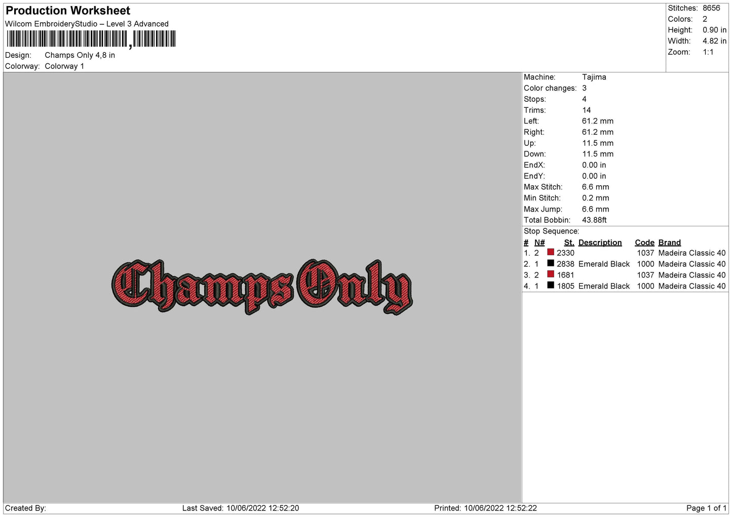 Champs Only Embroidery File 4 size