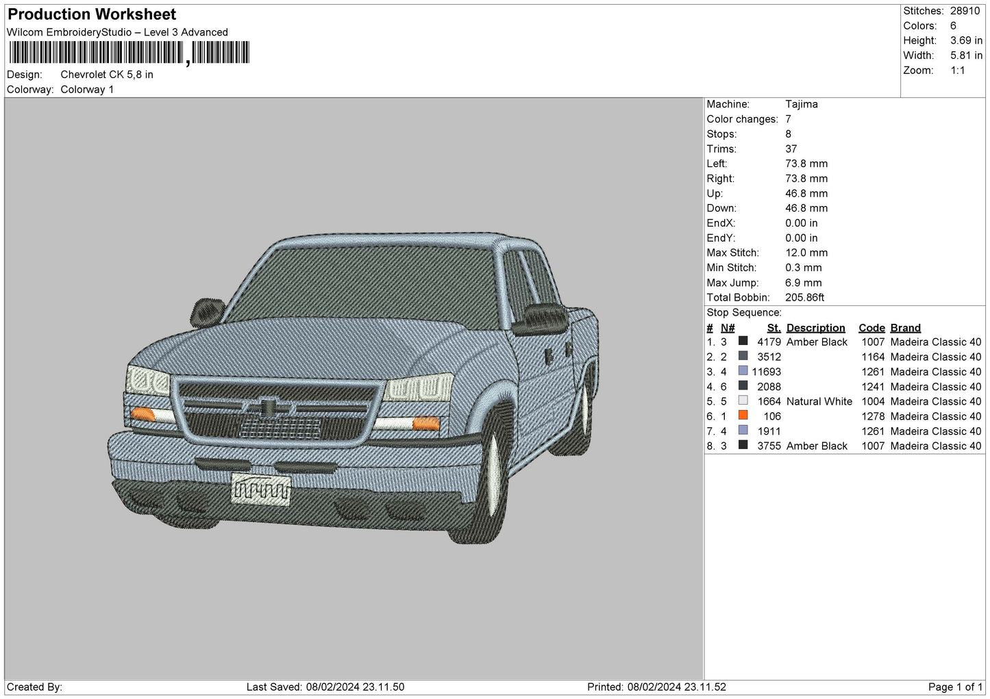 Car 0802 Embroidery Machine Design File 6 sizes