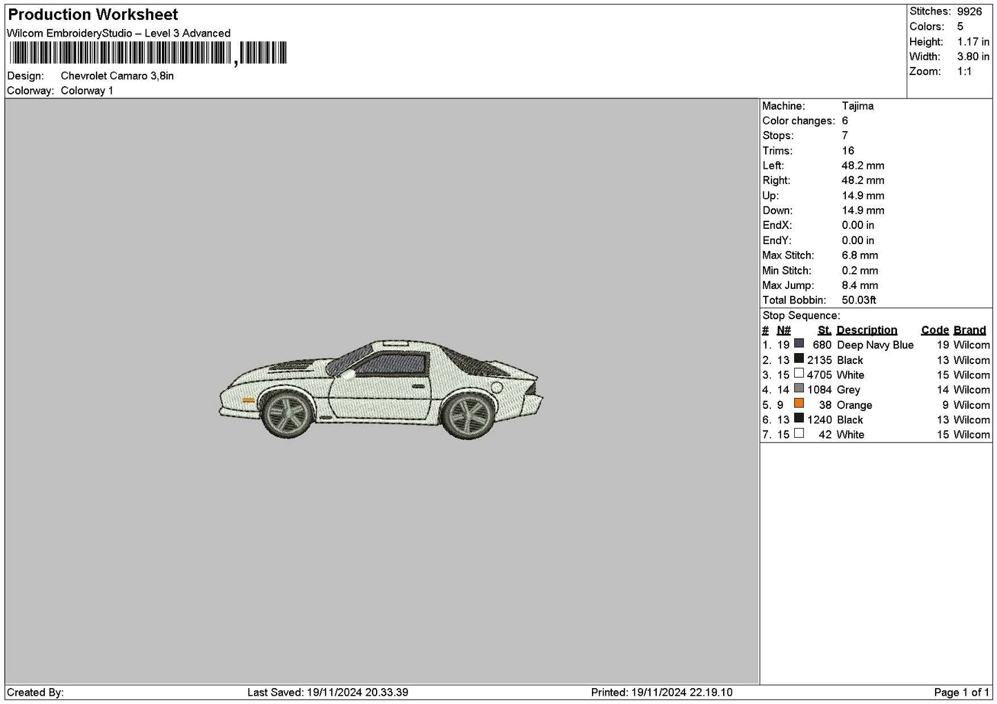 Car 1911 Embroidery File 6 sizes