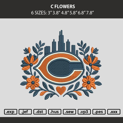 C Flowers Embroidery Machine Design File 6 sizes