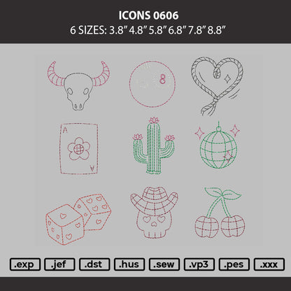 Icons 0606 Embroidery Machine Design File 6 sizes