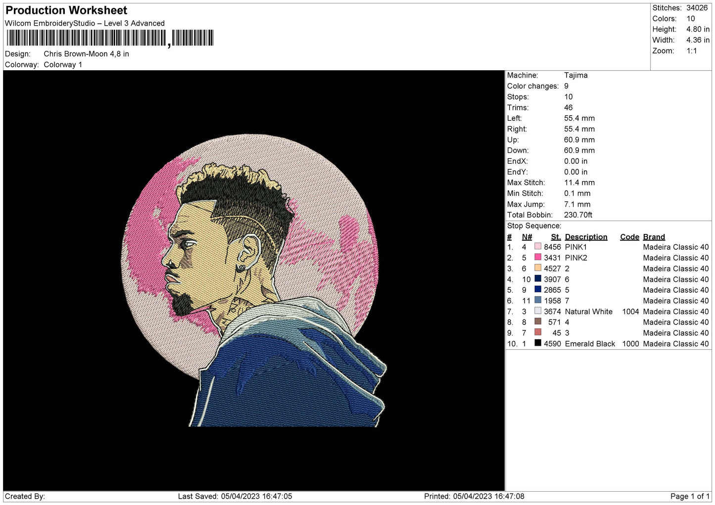 Chris B Moon Embroidery File 6 sizes