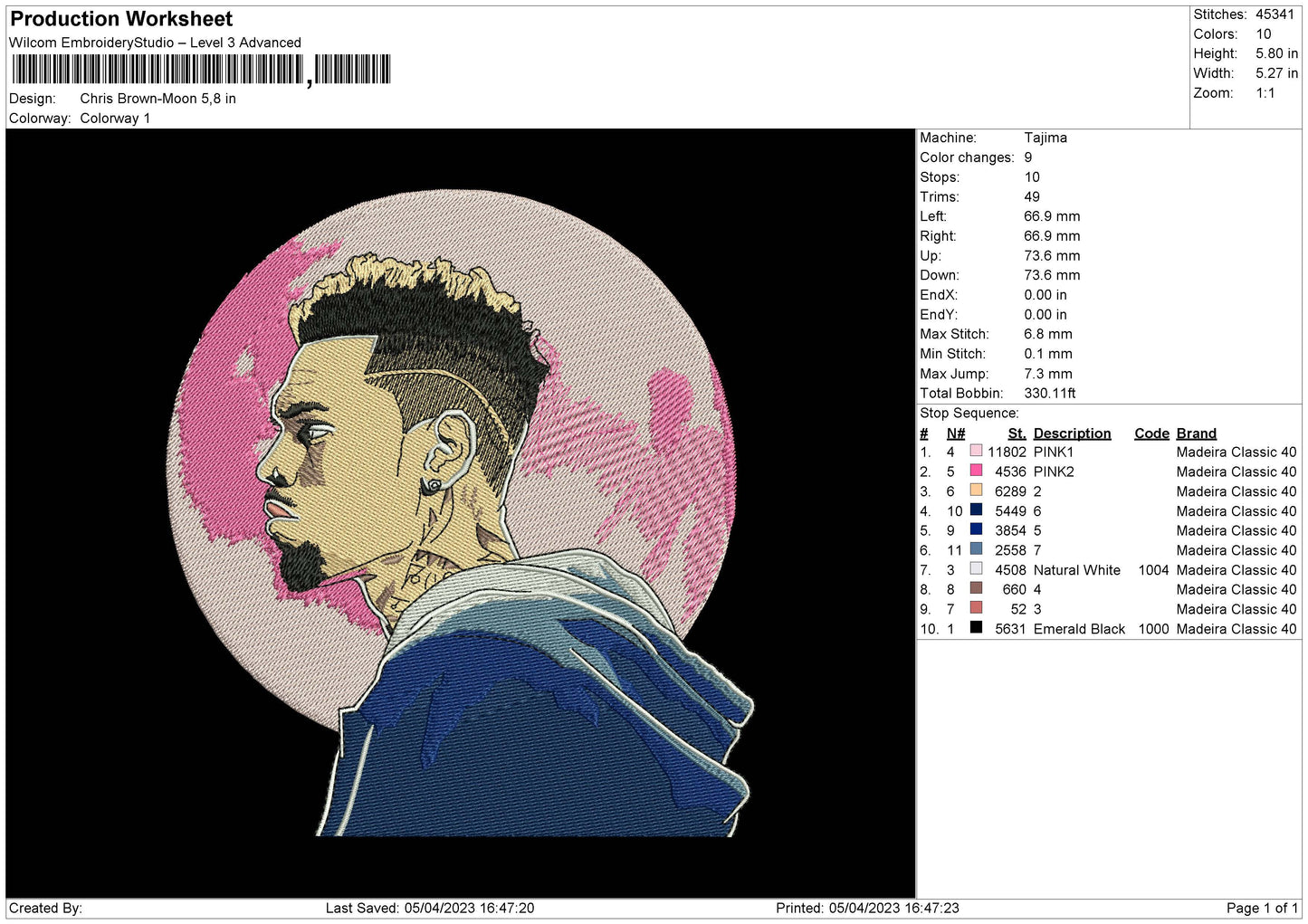 Chris B Moon Embroidery File 6 sizes
