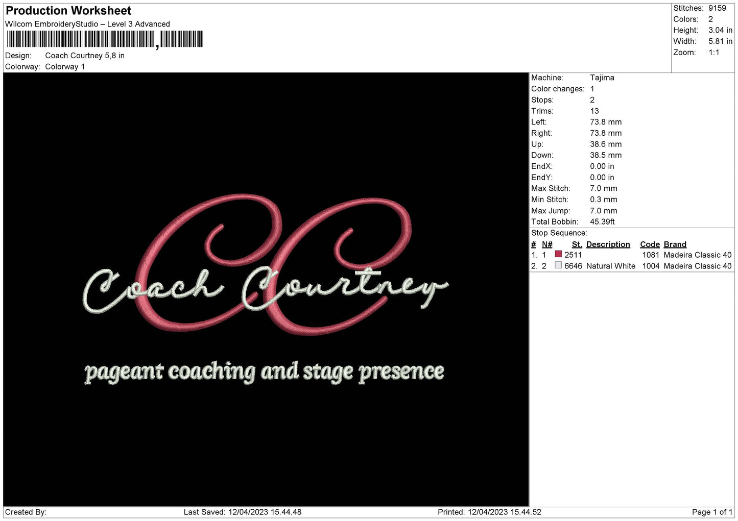 C Courtney Embroidery File 6 sizes