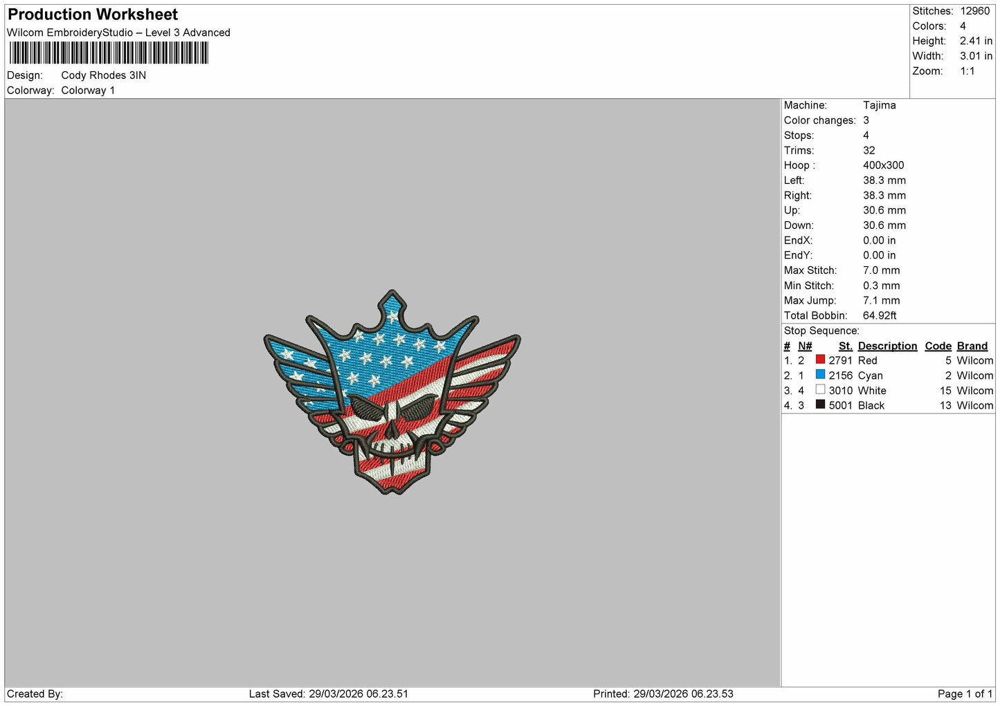 Cody Rhodes Embroidery File 6 sizes