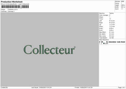 Collecteur Text Embroidery Machine Design File 6 sizes