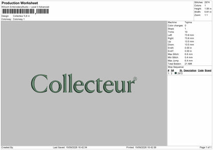 Collecteur Text Embroidery Machine Design File 6 sizes