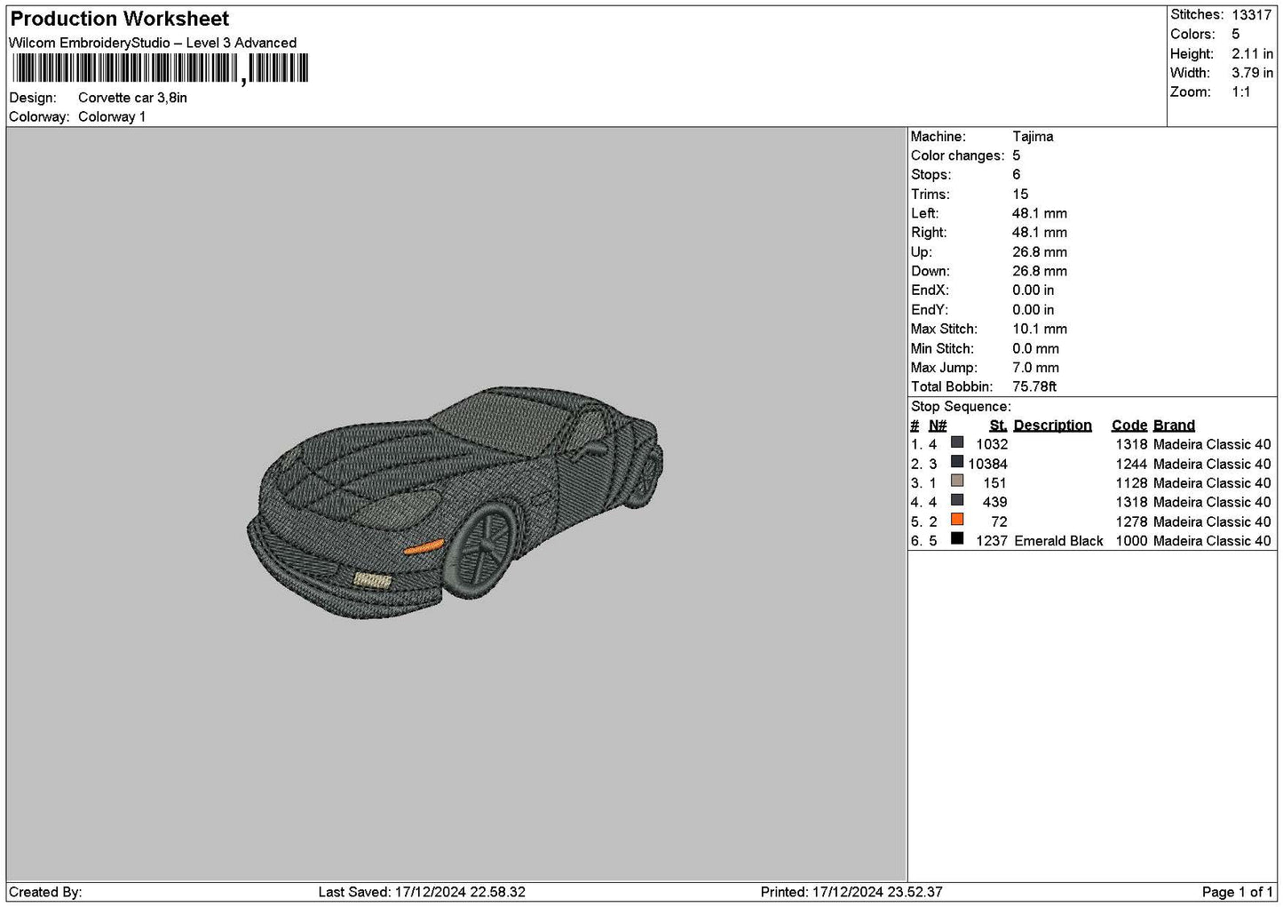 Black Car 1712 Embroidery File 6 sizes