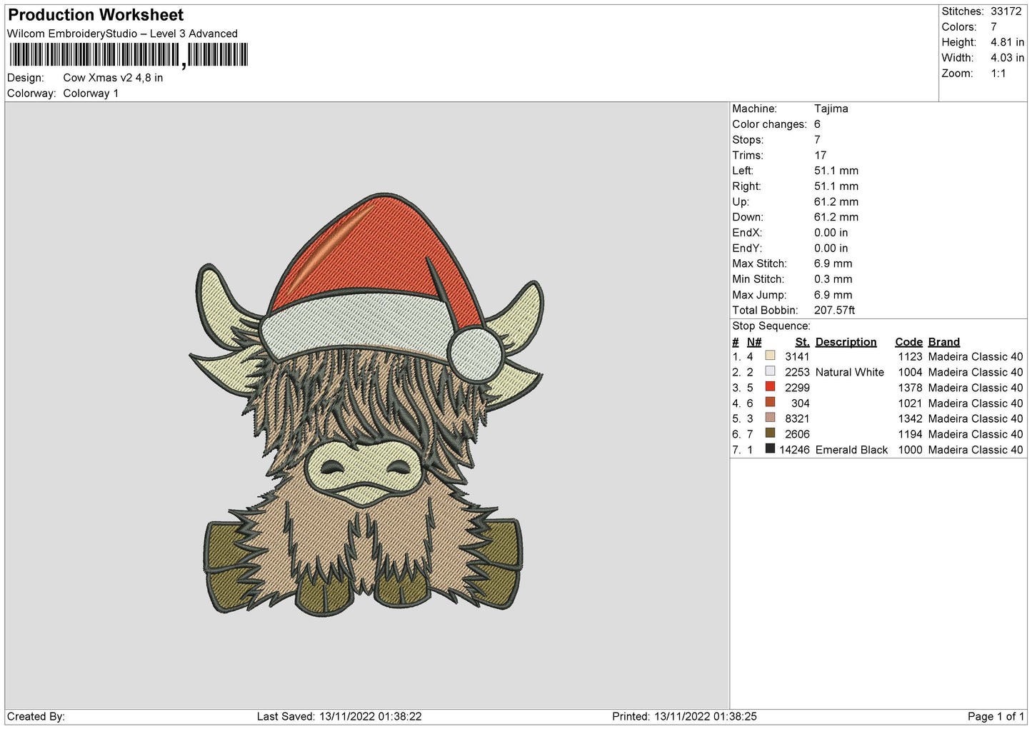 Cow Xmas V2 Embroidery File 6 sizes