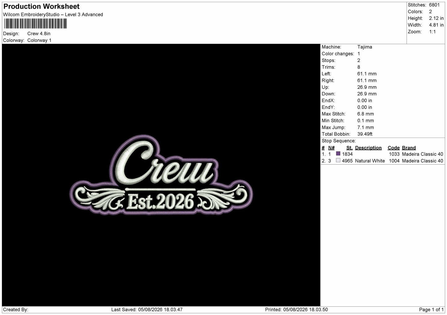 Crew Text Embroidery Machine Design File 6 sizes