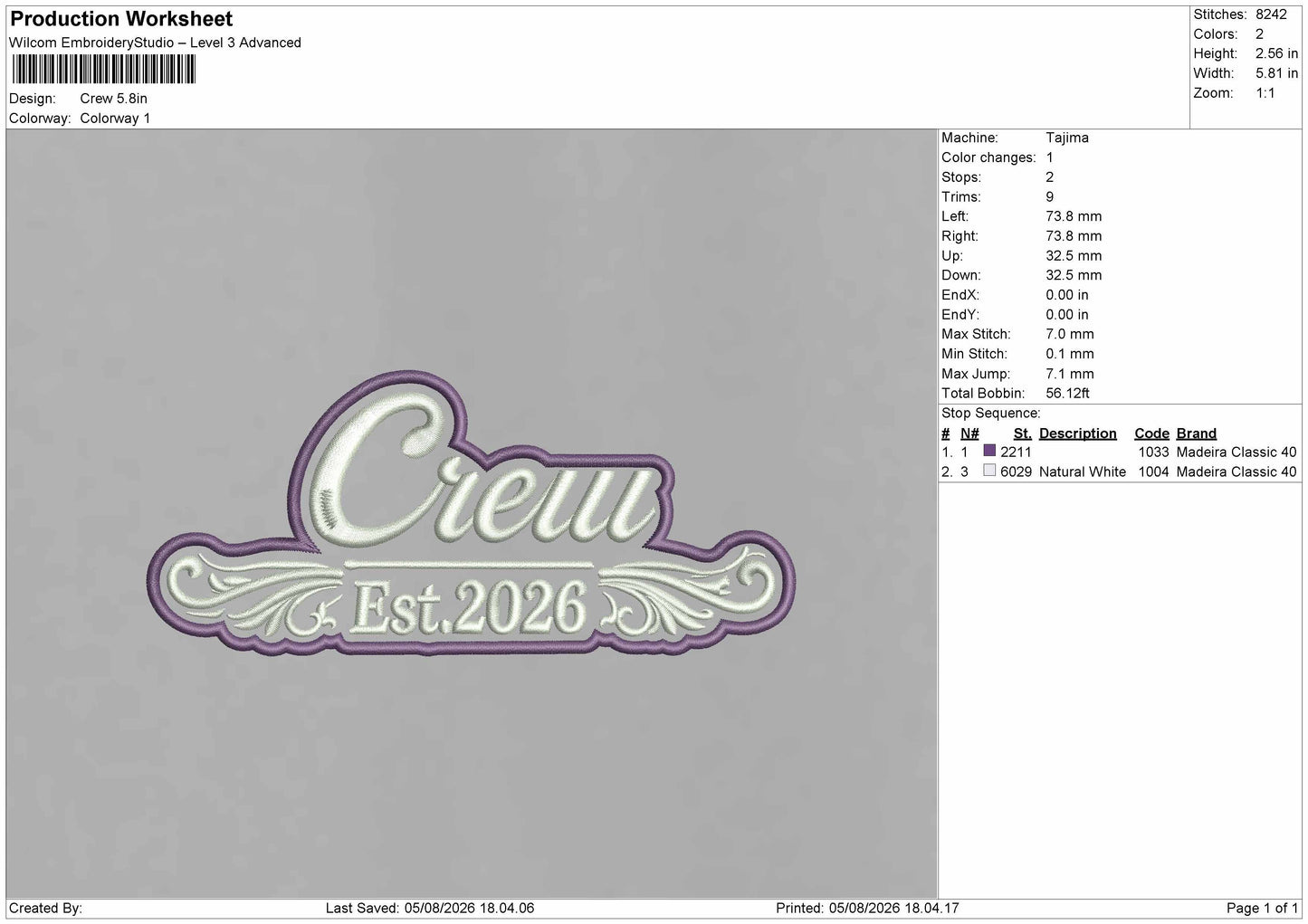 Crew Text Embroidery Machine Design File 6 sizes