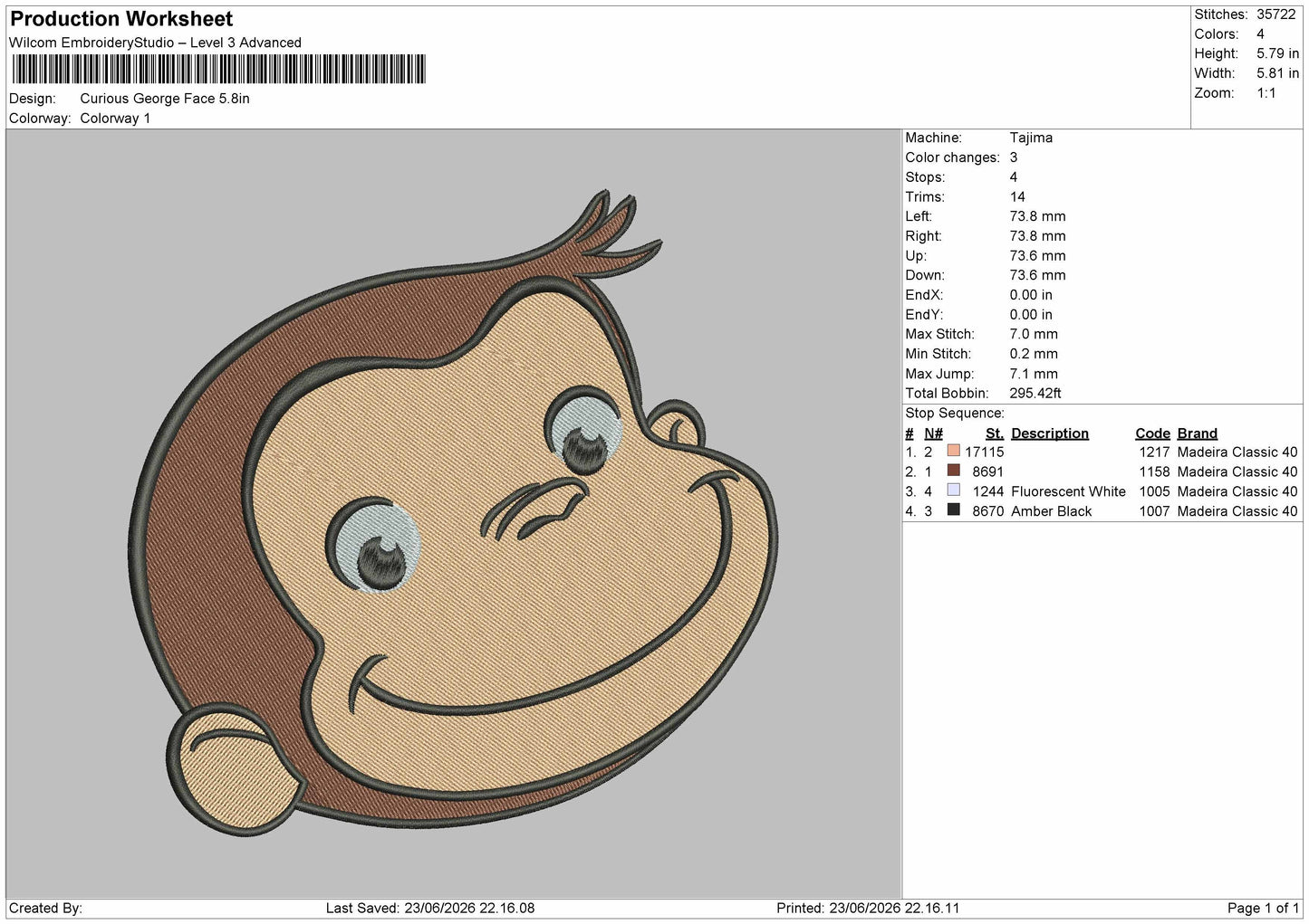 George Head Embroidery Machine Design File 6 sizes