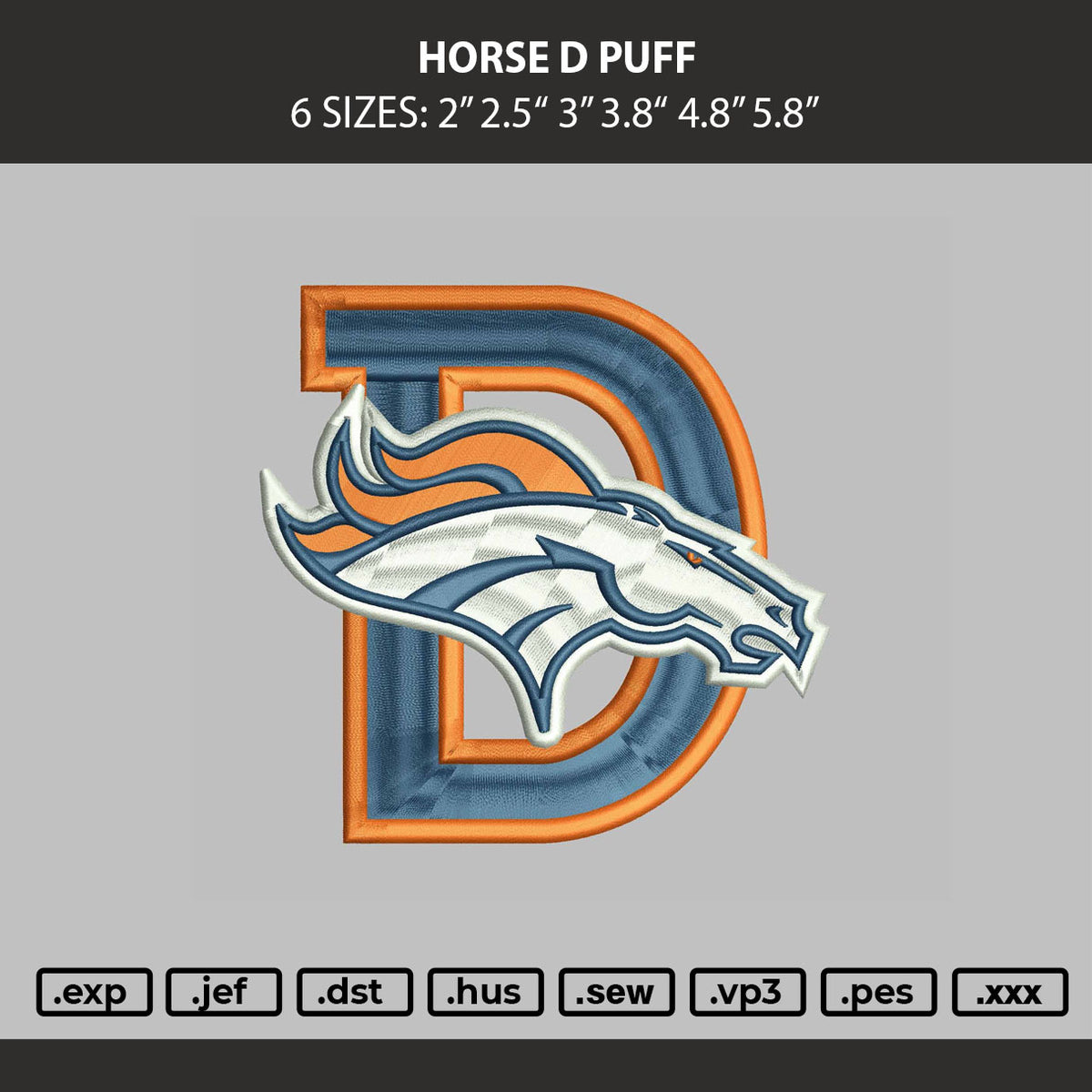 Horse D Puff Embroidery Machine Design File 6 sizes