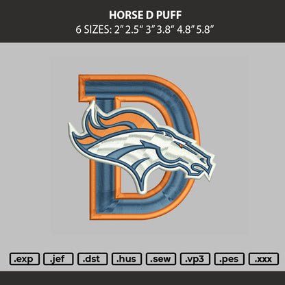 Horse D Puff Embroidery Machine Design File 6 sizes