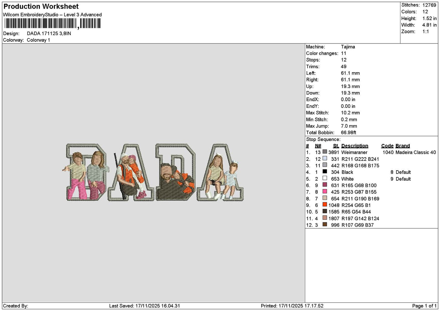 Dada Photoflat 1711 Embroidery File 6 sizes