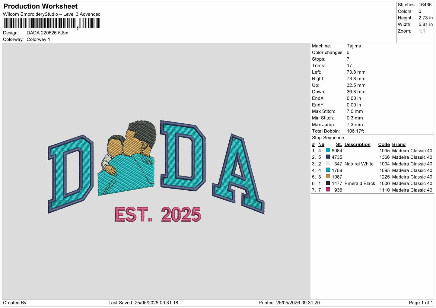 Dada 2205 Embroidery File 6 sizes