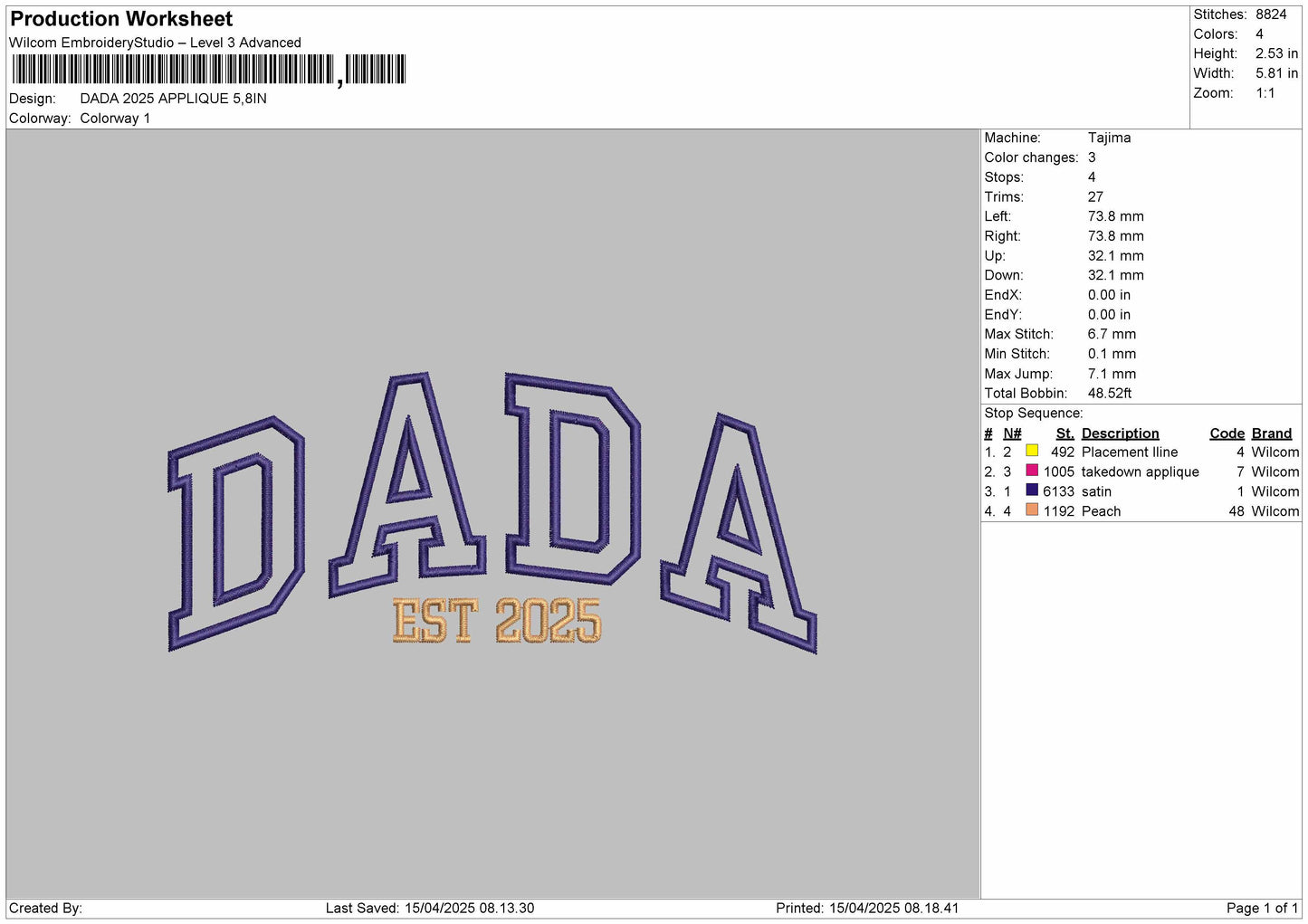 DADA 2025 App Embroidery File 6 sizes
