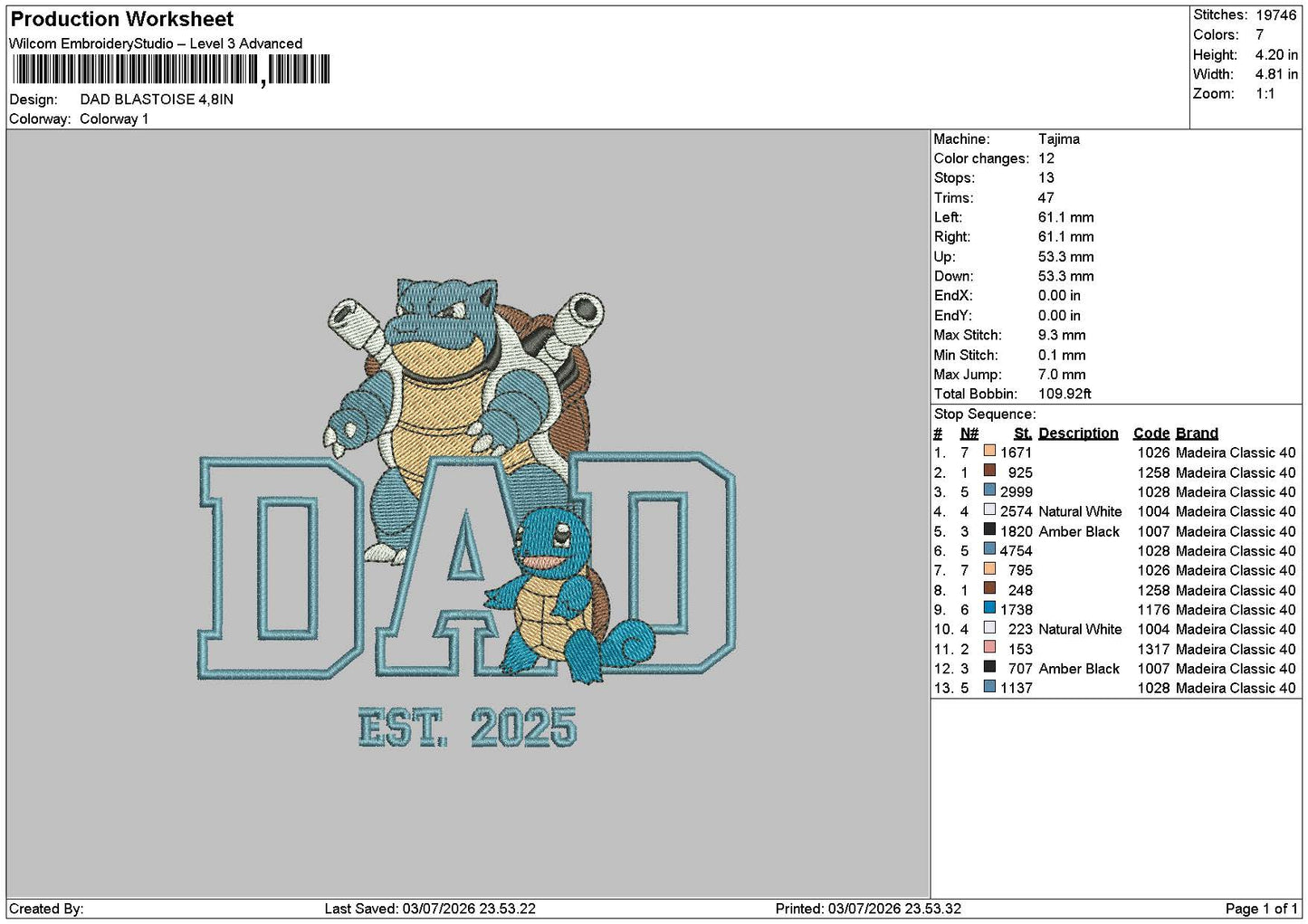 Dad blastoise Embroidery Machine Design File 6 sizes