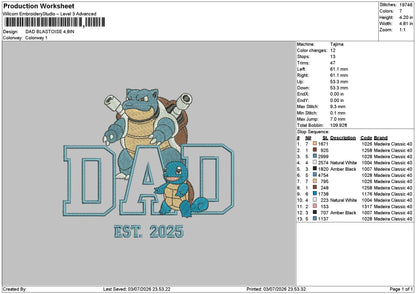 Dad blastoise Embroidery Machine Design File 6 sizes