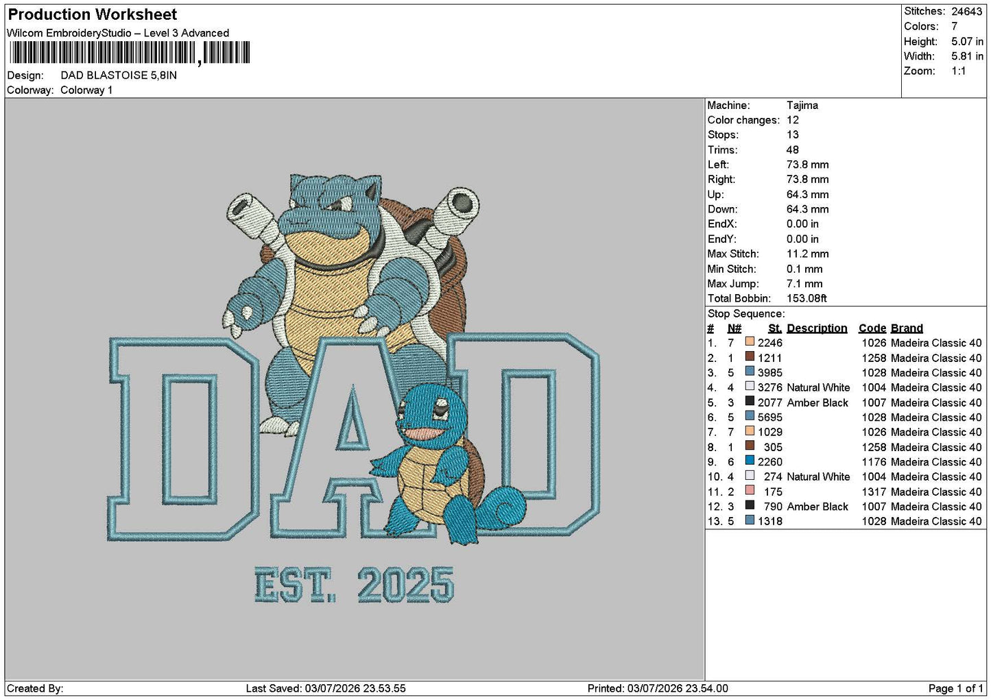 Dad blastoise Embroidery Machine Design File 6 sizes