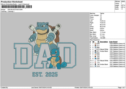 Dad blastoise Embroidery Machine Design File 6 sizes