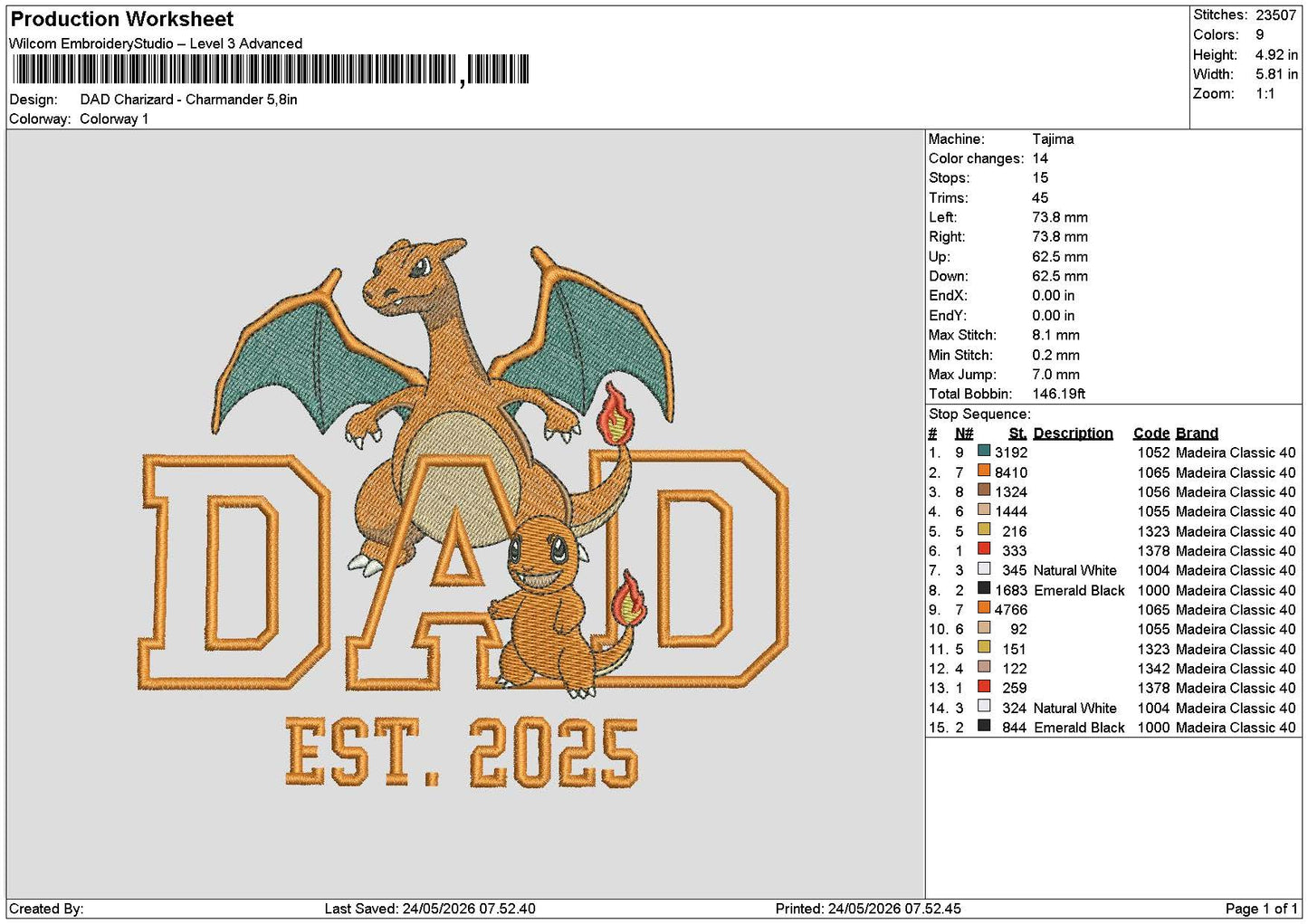 Dad Charizard Embroidery File 6 sizes