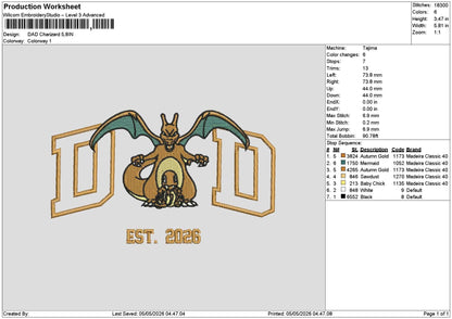 Dad Charizard Embroidery File 6 sizes