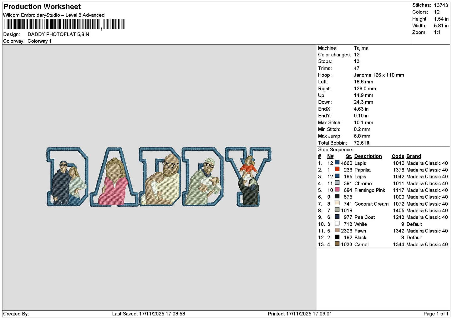 Daddy Photoflat 1711 Embroidery File 6 sizes