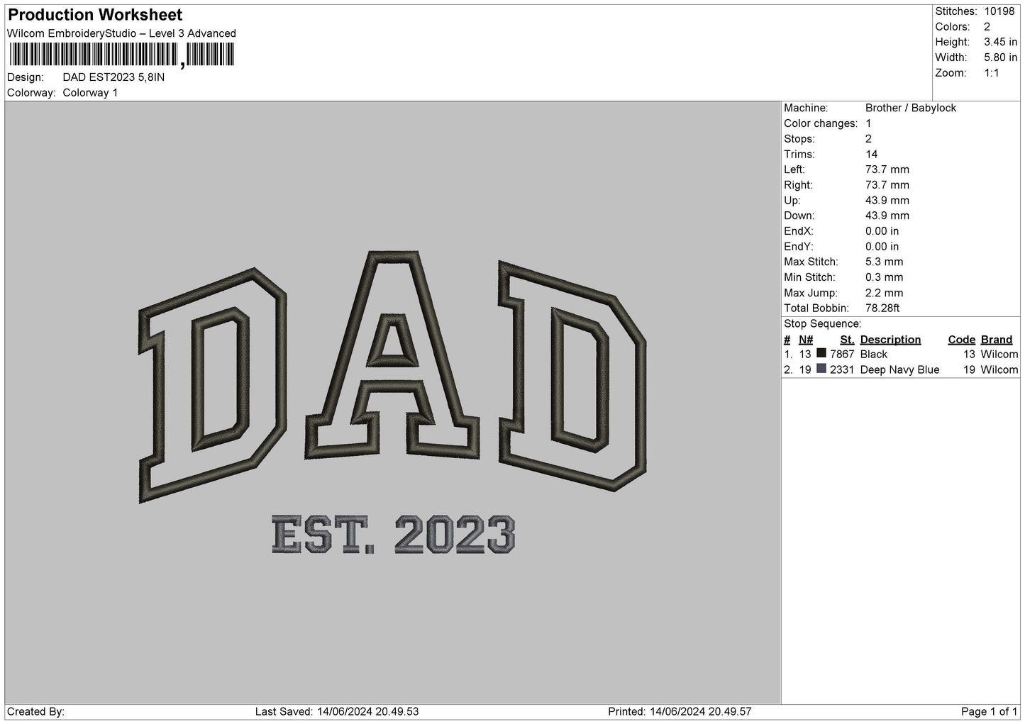 Dad Est23 Embroidery File 6 sizes