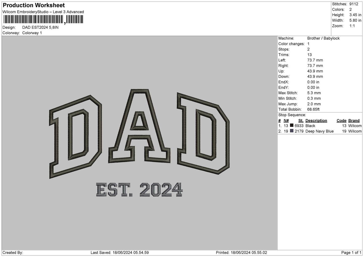 Dad est24 Embroidery File 6 sizes