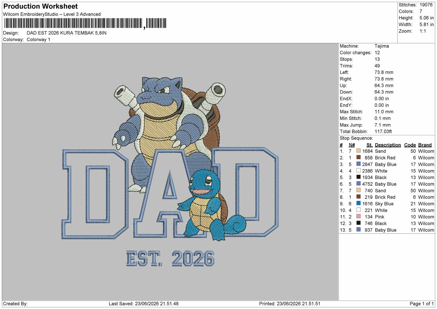 Dad Kura 26 Embroidery Machine Design File 6 sizes