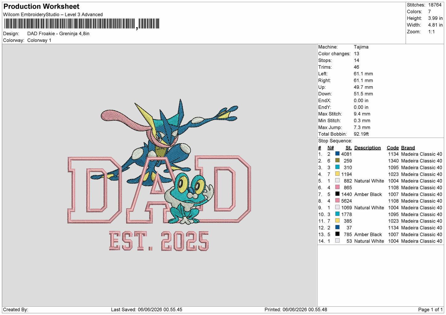 Dad Greninja Embroidery Machine Design File 6 sizes