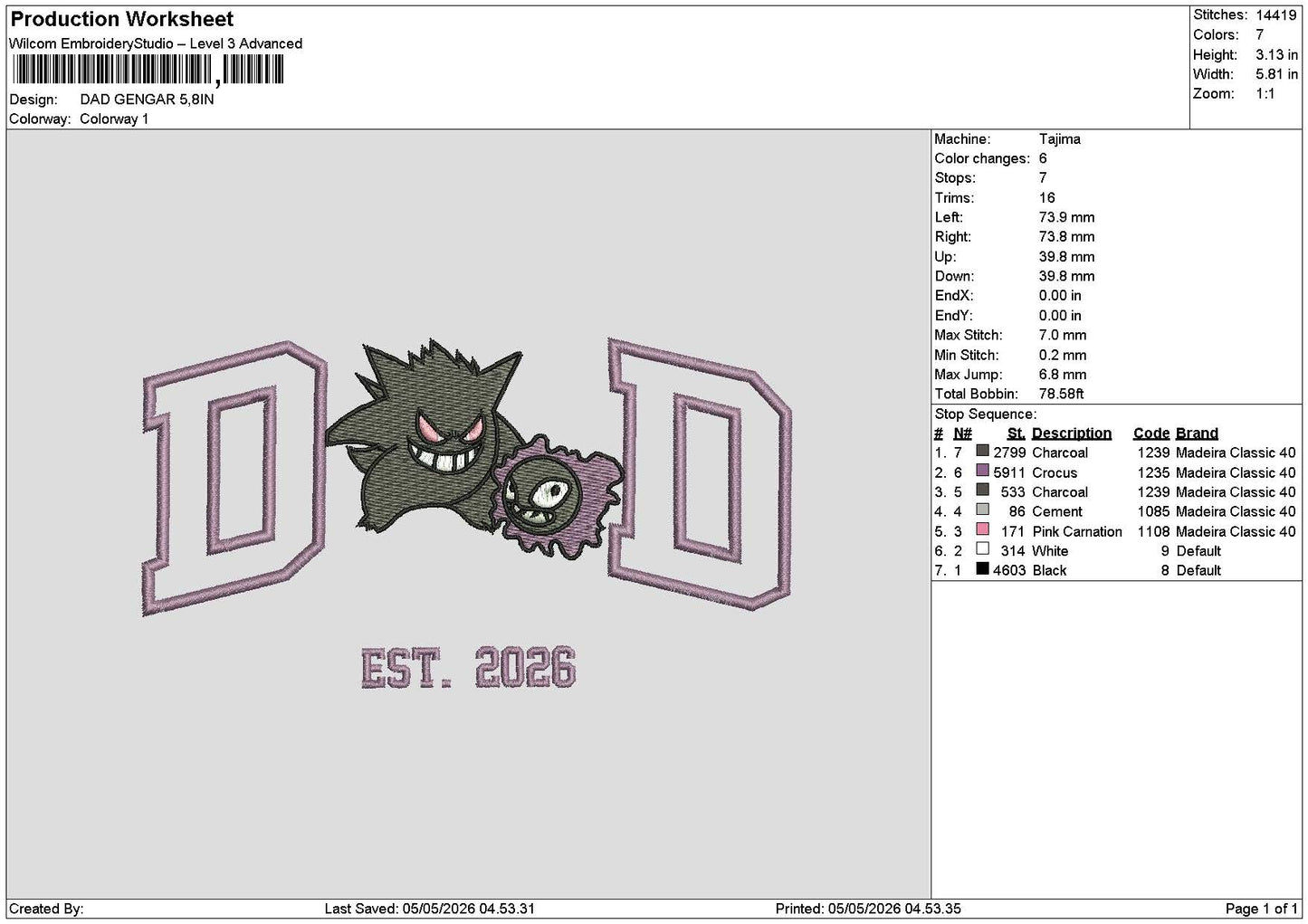 Dad Gengar Embroidery File 6 sizes