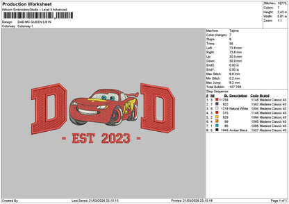 Dad Mcqueen 23 Embroidery File 6 sizes