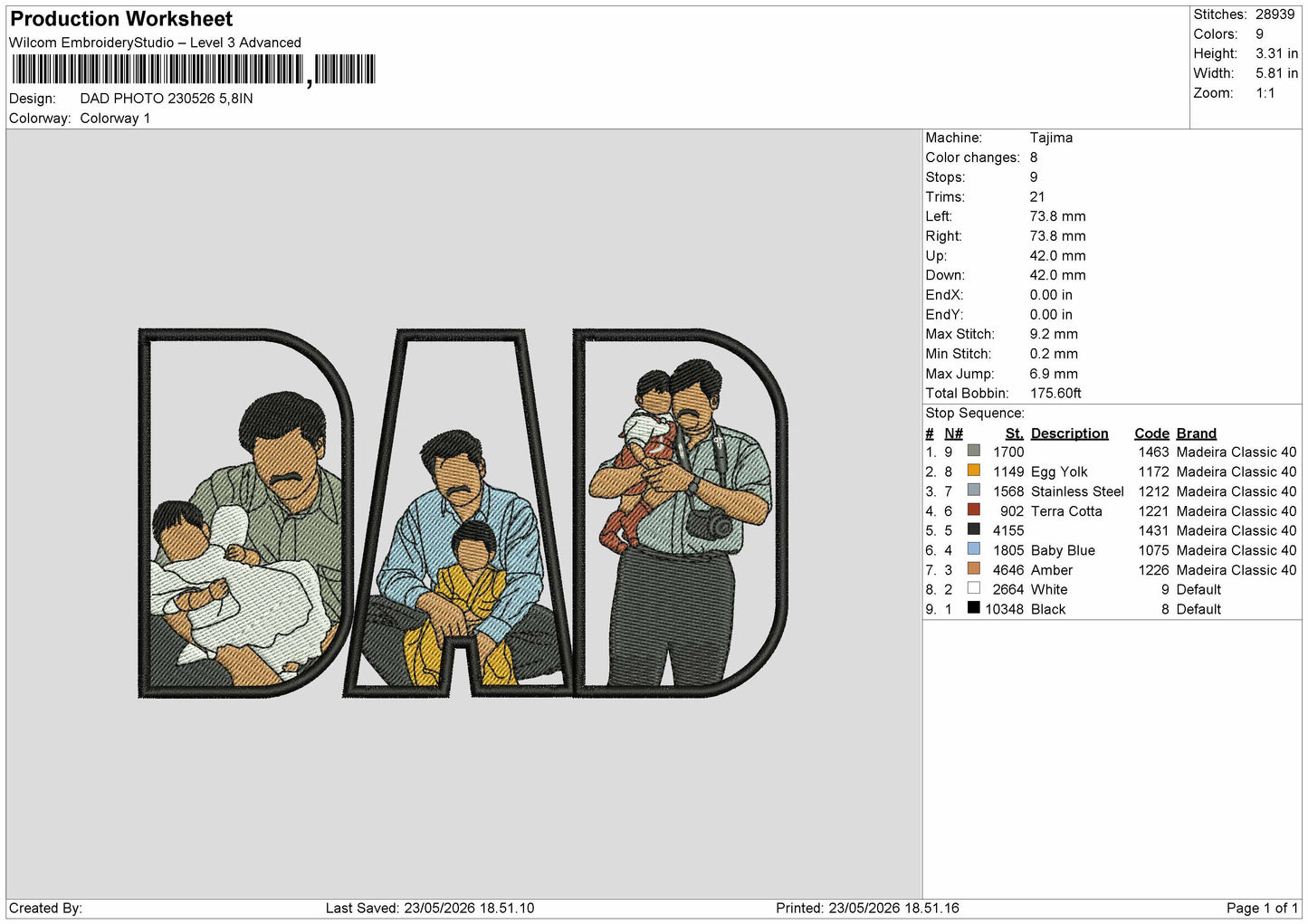DAD 230526 Embroidery Machine Design File 6 sizes