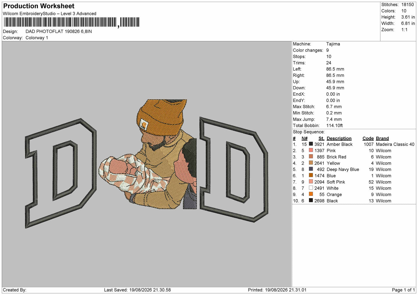 Dad Photoflat 1908 Embroidery Machine Design File 6 sizes